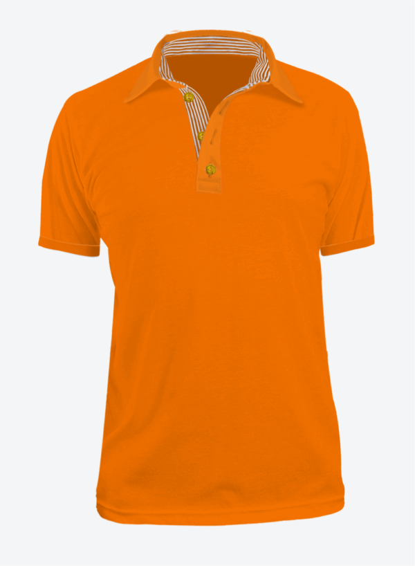 Camiseta Tipo Polo Manga Corta en Tela Polúx para Hombre Color Naranja con Bolsillo y Perilla de Rayas